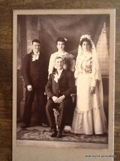 Photo showing Gebert Huber and Anna Altman with John and Bertha Trumpi Huber (bride & groom) - 2 Mar 1905 – New Glarus, Green County, Wisconsin 