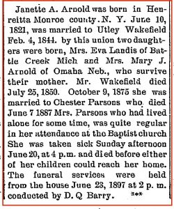 Newspaper Clipping - Obituary - Janette A. Arnold Wakefield Parsons