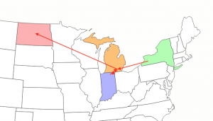 Map of places where William Sanford lived.