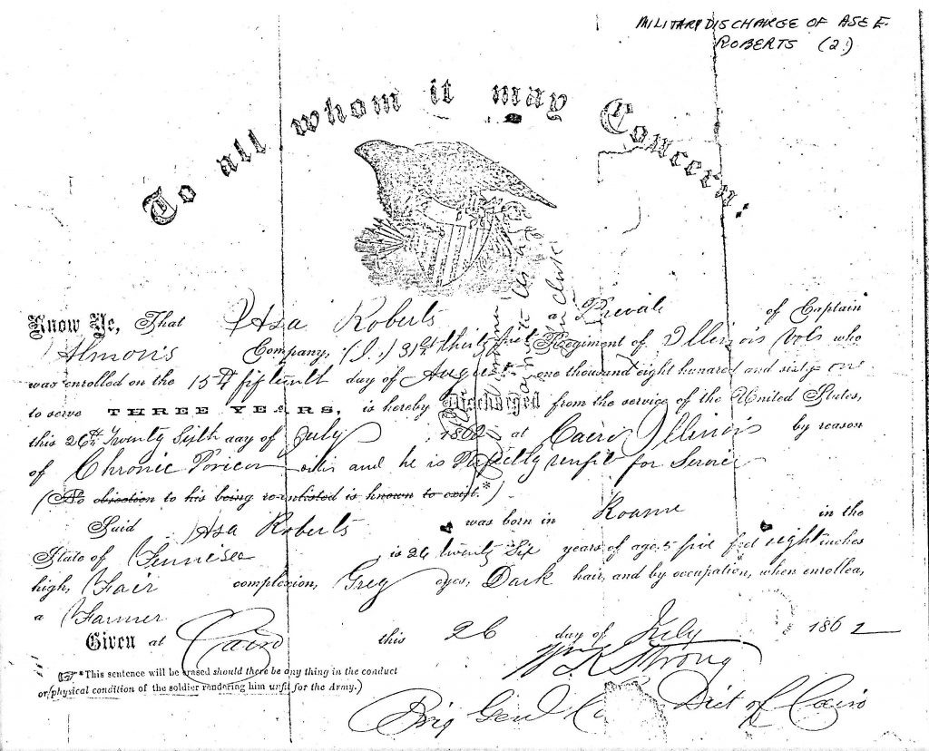 Military Discharge of Asa E. Roberts