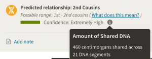 Screen shot showing "HC" and author share 460 centimorgans of DNA.