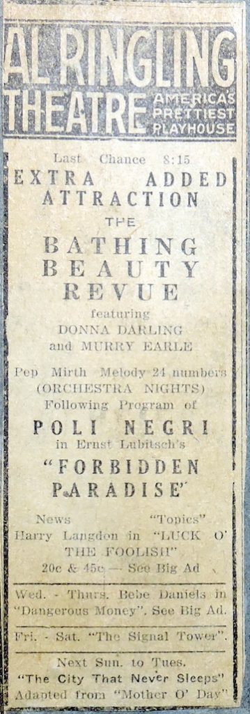 Newspaper Clipping of Bathing Beauty Revue - Al Ringling Theatre