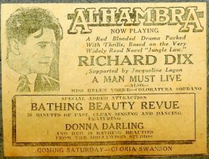 Newspaper Clipping of Alhambra Theatre showing Richard Dix movie & the Bathing Beauty Revue