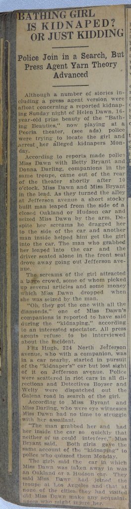 newspaper clipping: Bathing Girl Is Kidnaped or Just Kidding