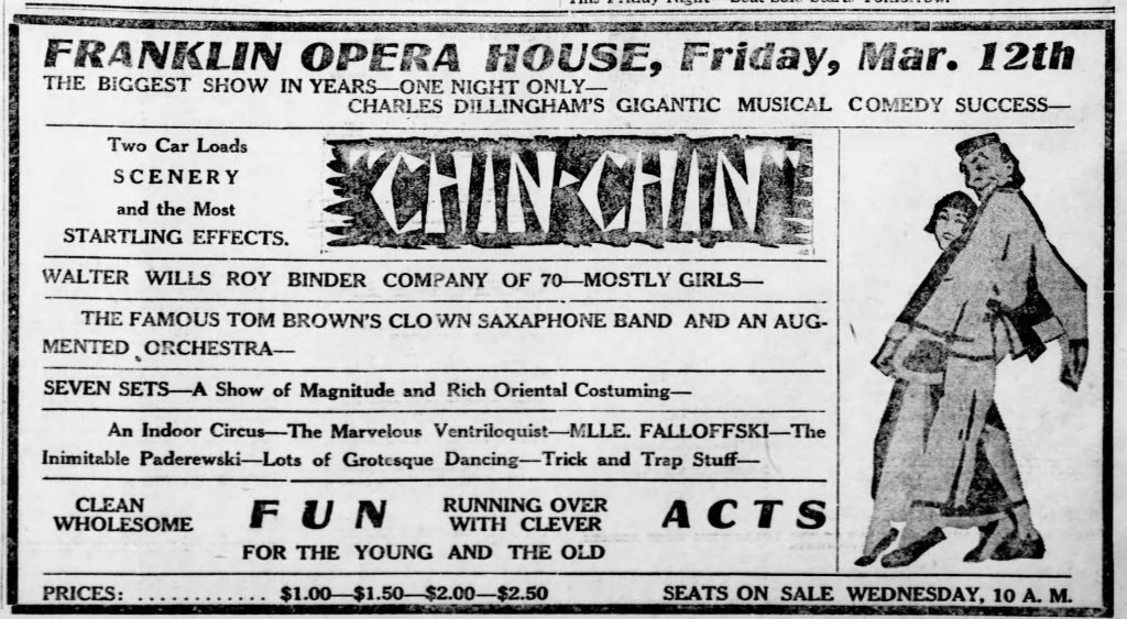 Ad for Franklin Opera House, showing "Chin Chin" is coming, Friday Mar. 12th 1920