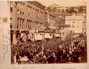 Image of parade of the Grand Old Army, Franklin, PA, Aug 1887.