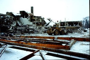 Photo of Jordan Jr. High during demolition, 1985