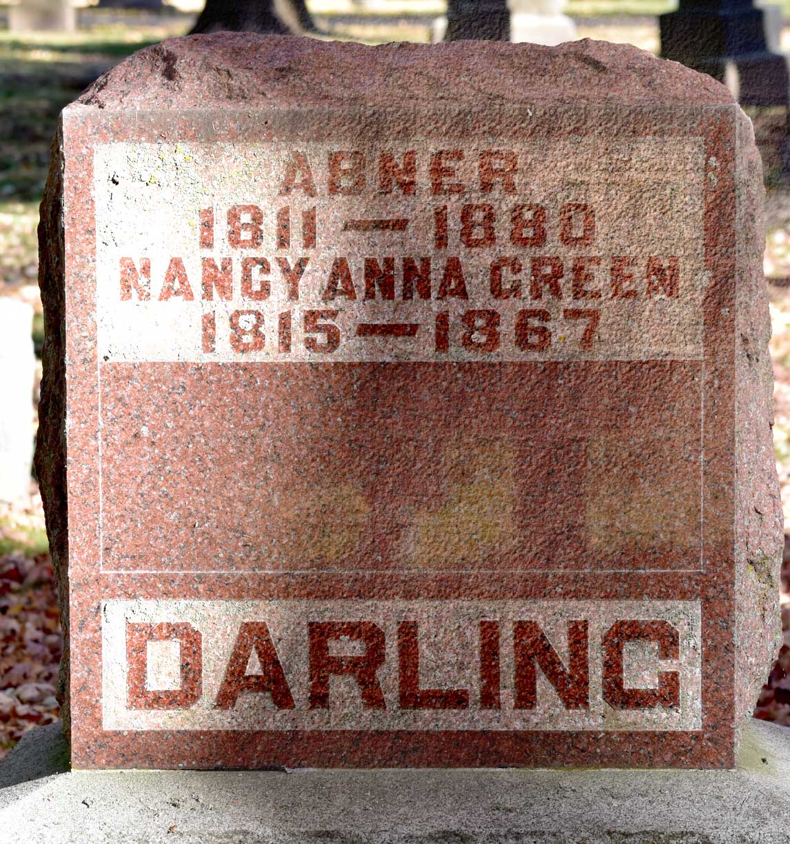 Marker - Abner & Nancy Anna Green. Photo Source: Photo by Jeanne Weiland, Find a Grave ID 4907152 via Find-a-Grave.