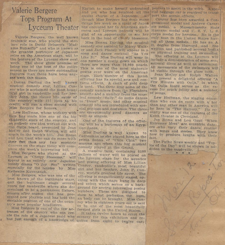 Newspaper article from 1922 - Valerie Bergere Tops Program at Lyceum Theater