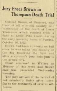 Article about Clifford Brown being, "Not criminally liable" for death of Irwin Thompson.