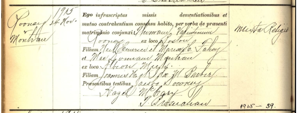 Cropped image of Roman Catholic Archdiocese of Boston Records, 1789-1920 - St. Mary (Waltham) Marriages, 1891-1920 showing the marriage of Thomas Rooney & Donna Montran.