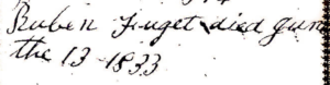 An image of Reuben Fugate's death entry in the Mannin Family bible.