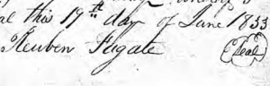 An image of the signature & date of   Reuben Fugate 1833 will.