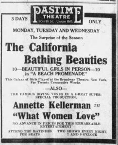 Ad for The California Bathing Beauties playing at the Pastime Theater in November 1920.