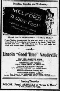 Ad from the Hudson Observer showing Dona Montrim playing at the Lincoln Theatre in Union City, NY in September 1921.