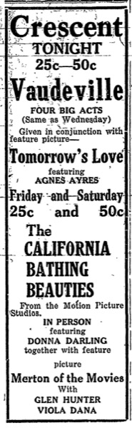 Ad for the California Bathing Beauties in the Pontiac Daily newspaper of 12 Feb 1925.