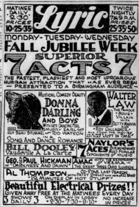 Ad for the Lyric Theatre, Nov 5, 1923 showing Donna Darling and Boys playing. 