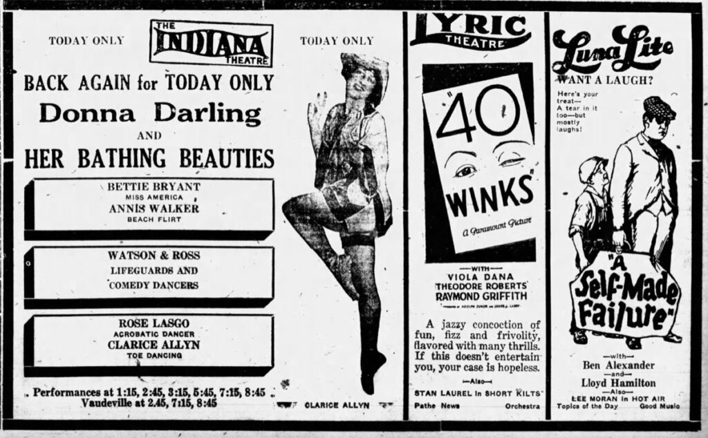 Advertisement showing Donna Darling was Back again for one day only