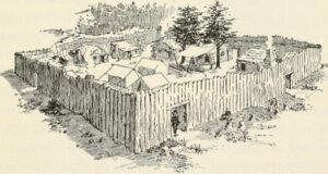 Image of a stockade from page 94 of Richard of Jamestown a story of the Virginia colony (1910)