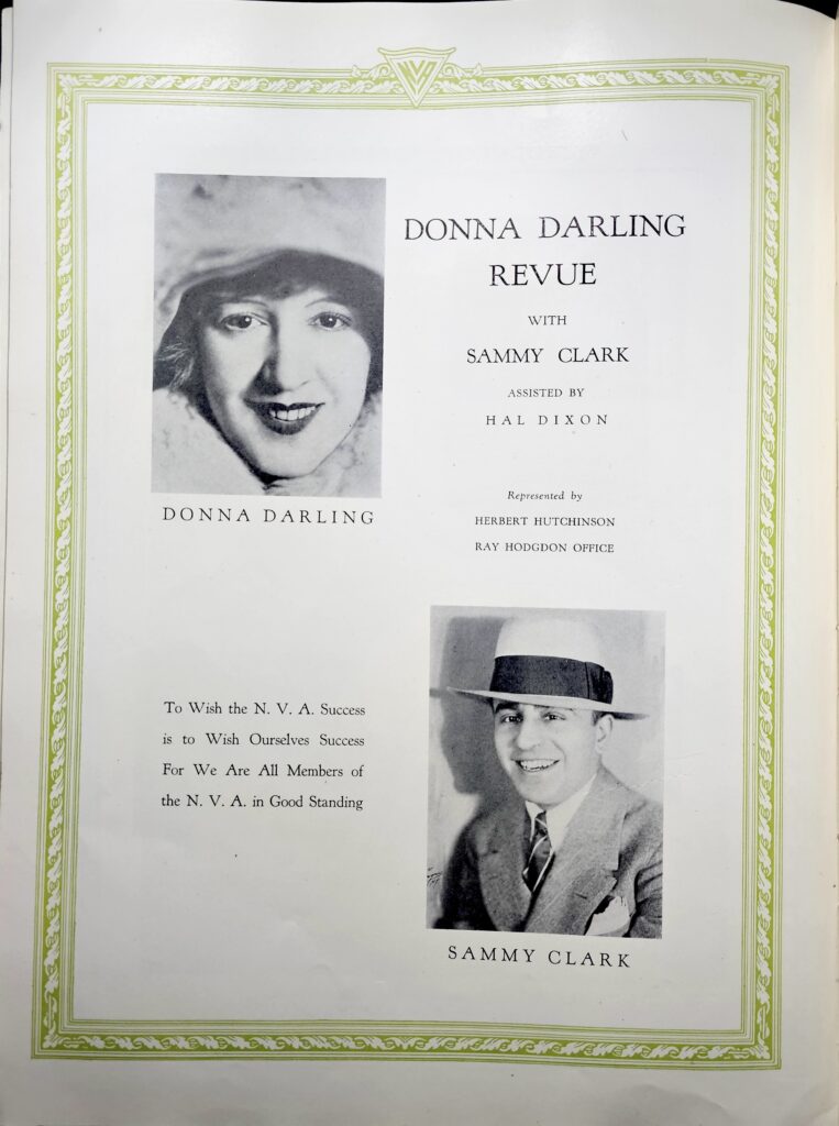 Page from the National Vaudeville Artists 1927 Yearbook showing Donna Darling Review and photos of Donna Darling and Sammy Clark.