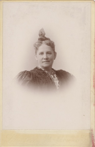 Sepia-toned cabinet card vignette portrait of Frances Elizabeth Prindle Hinkley, approximately age 51, photographed at Lamson Studio, Portland, Maine, in 1894.