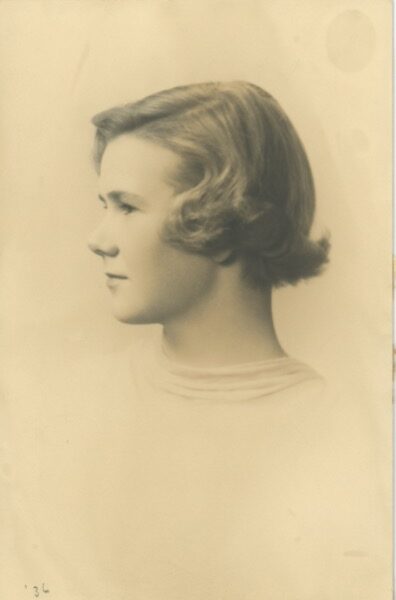 Sepia-toned studio graduation portrait of Frances Dana, later Frances Dana Jordan, age approximately 17 to 18, circa 1936.