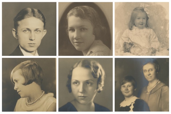 Collage of six sepia-toned studio portraits from the Hinkley and Kinney family photograph album, including a young man, three young women, a young girl in profile, a toddler, and an older woman with a child, all unidentified, circa 1910s to 1930s.
