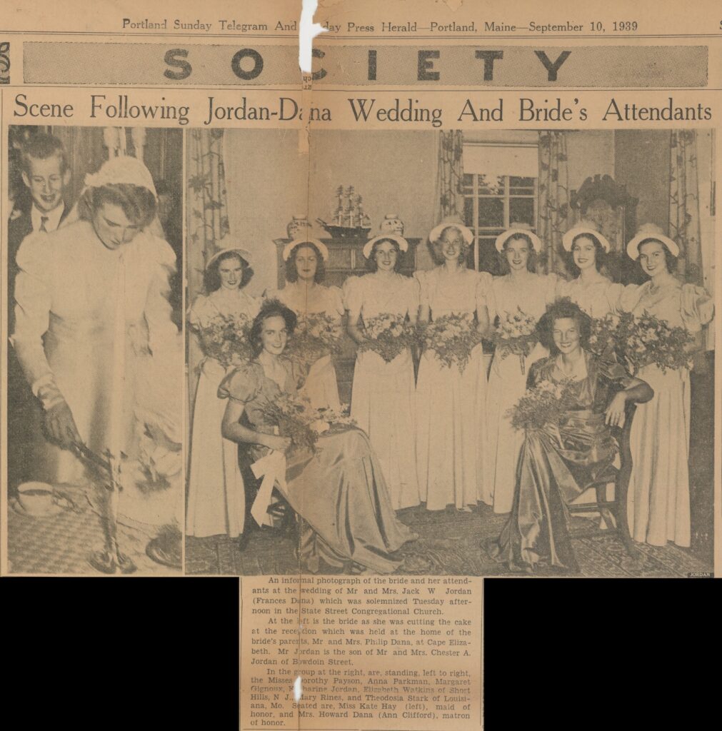 Black-and-white newspaper clipping from the Portland Sunday Telegram and Sunday Press Herald, September 10, 1939, showing two wedding photographs of Frances Dana and Jack W. Jordan.