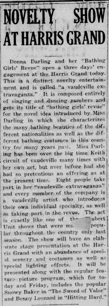 ewspaper article headlined "Novelty Show at Harris Grand" describing the opening of Donna Darling's "Bathing Girls' Revue" vaudeville extravaganza at the Harris Grand Theatre. The Herald-Times, Bloomington, Indiana, April 23, 1925.