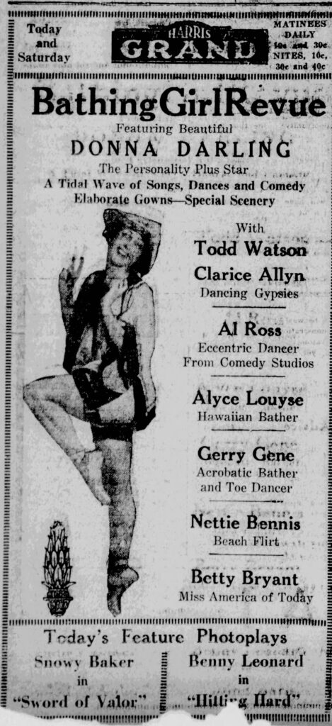 Harris Grand Theatre display advertisement for "Bathing Girl Revue Featuring Beautiful Donna Darling, The Personality Plus Star," with full cast listing. The Herald-Times, Bloomington, Indiana, April 24, 1925.