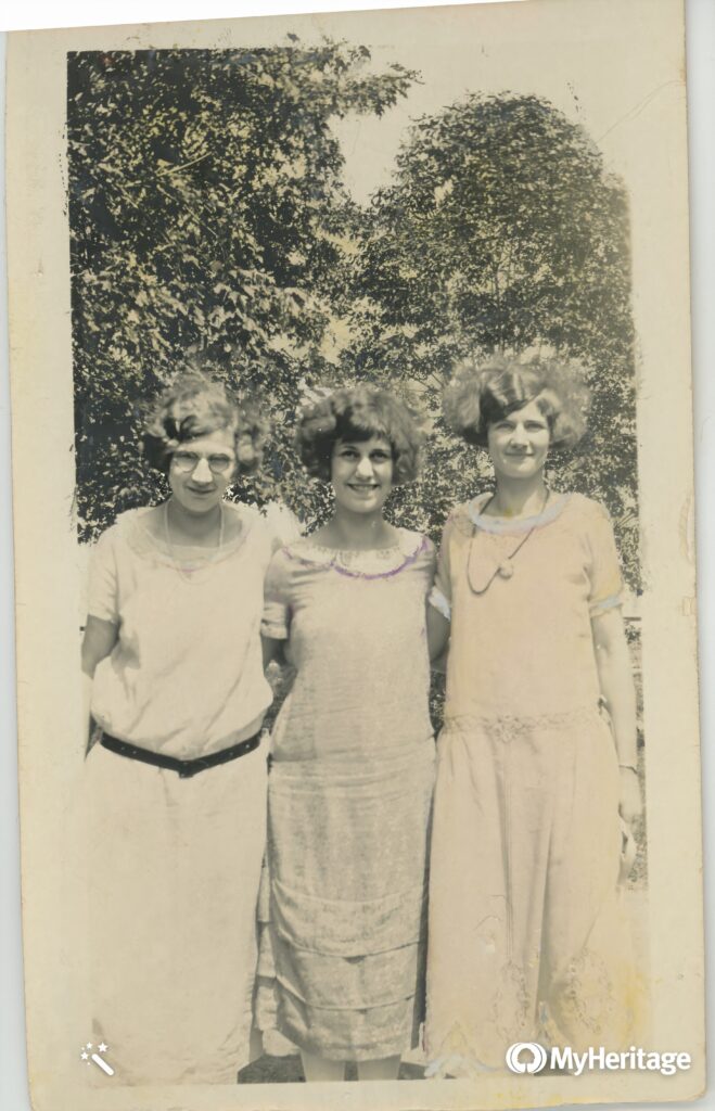 Portrait of three young woman with bobbed hair, 1920s; photo enhanced digitally.