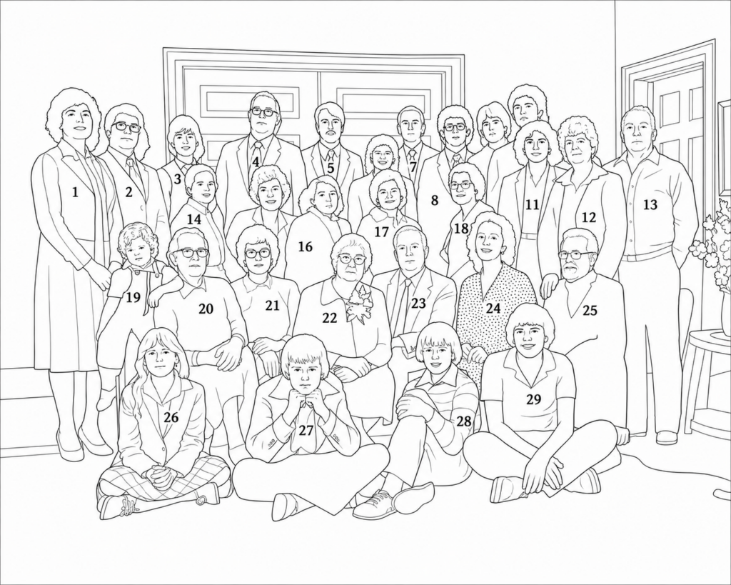 Line drawing with individuals number in the photo.