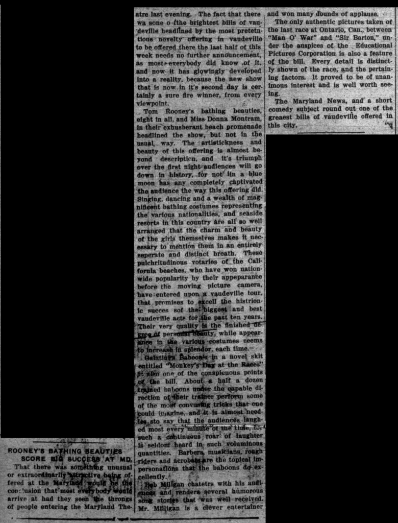 1920 newspaper review praising Donna Montran and Tom Rooney's Bathing Beauties at the Maryland Theatre