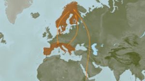 Ancestry's map of Europe showing the range of "The Stonemasons."