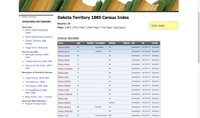 Screen shot of Dakota Territory 1885 Census Index with W. H. Brown family