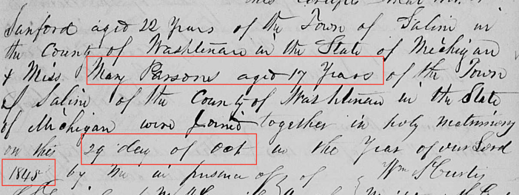 Snapshot of William Sanford and Mary Parsons's Marriage Return