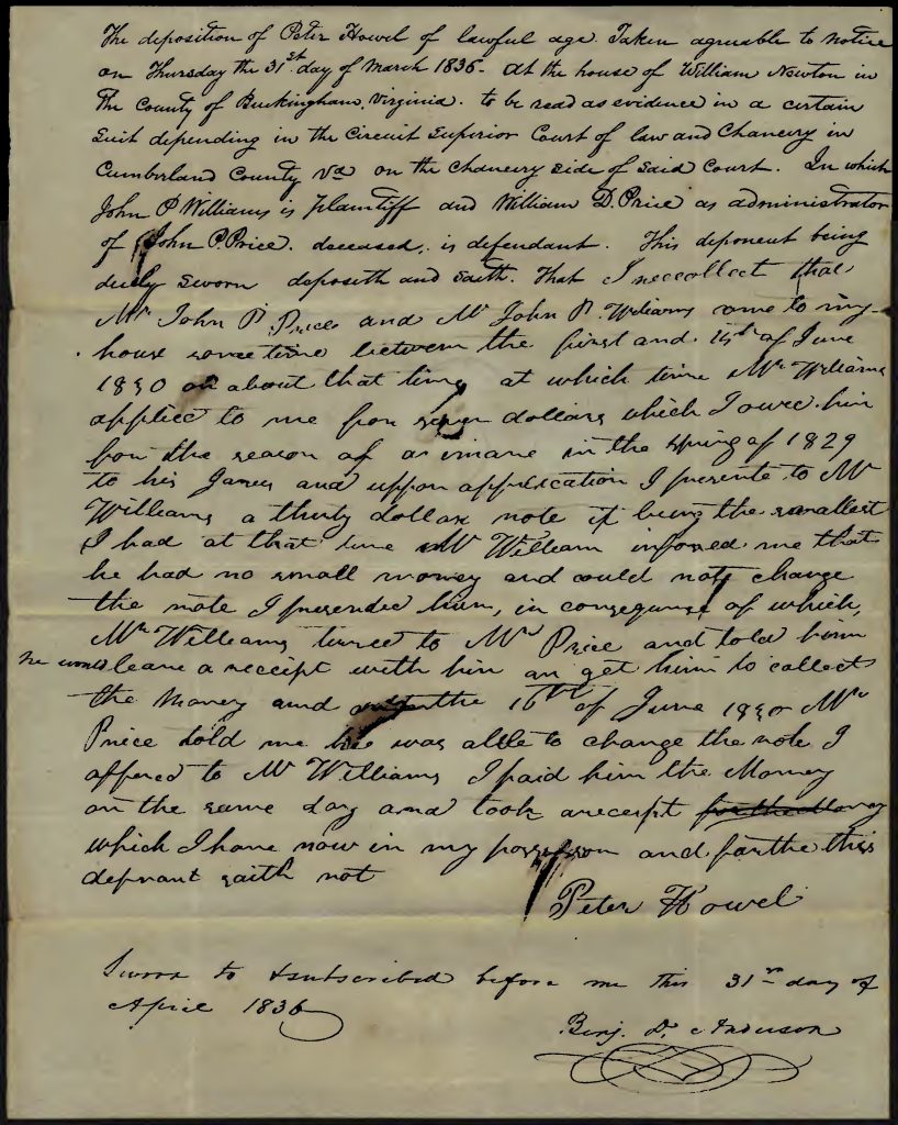 Image of the Peter Howell Deposition in the John P. Williams vs John P. Price 1839 Virginia Chancery case.