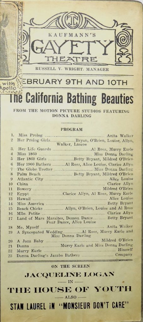 Clipping of Gayety Theater program bill for "The California Bathing Beauties"