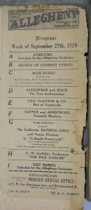 Allegheny Theater Program from 1927 showing the California Bathing Girls with Donna Montran