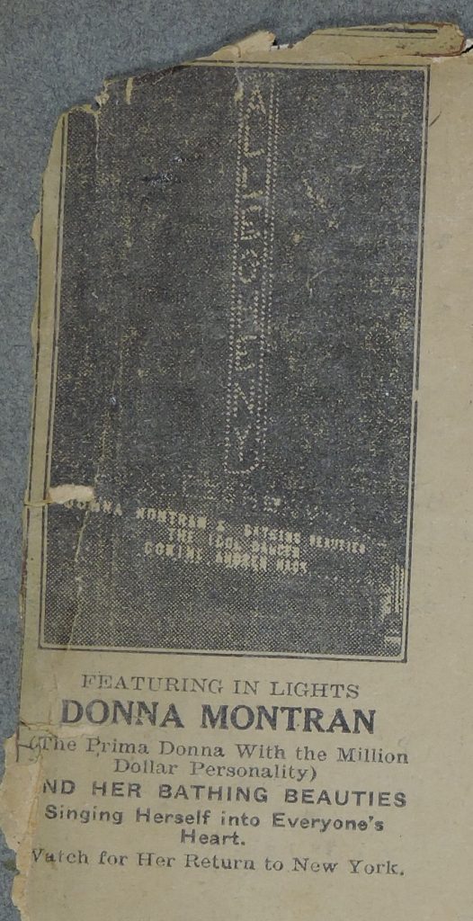 News clipping of Donna Montran's name in lights at the Allegheny Theater - September 1920.