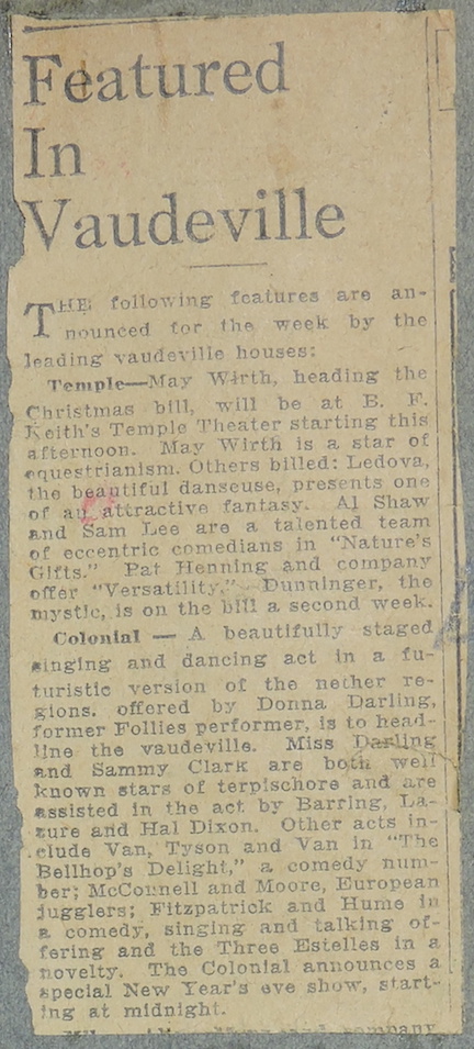 Image of newspaper clipping "Featured in Vaudeville" from about 19 December 1926.