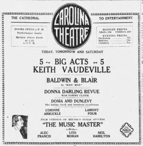 Ad for acts playing at the Carolina Theatre, 10 March 1927 includes the Donna Darling Revue.