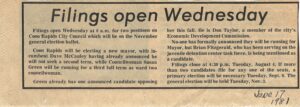 Image of 1981 article regarding "Filings Open Wednesday."