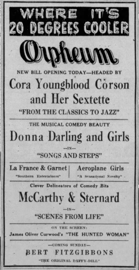 Image from Tulsa Daily World, 10 September 1925, showing "Donna Darling and Girls" playing at the Orpheum Theatre.