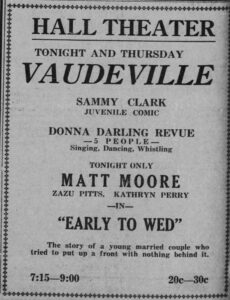 Image of an ad showing Sammy Clark and Donna Darling playing at the Hall theater on 25 August 1926.