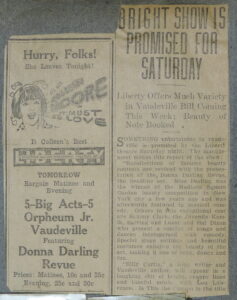Image of a newspaper clipping showing Donna Darling playing at the Liberty Theatre. show.