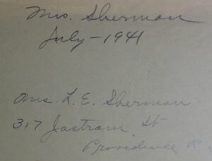 Photo of the back of the envelope showing "Mrs. Sherman - July 1941 - Mrs. L.E. Sherman, 317 Jostram St, Providence R I."