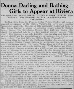 Article from the Anderson (Indiana) Herald, Apr 5, 1925.
Headline: Donna Darling and Bathing Girls to Appear at Riviera.