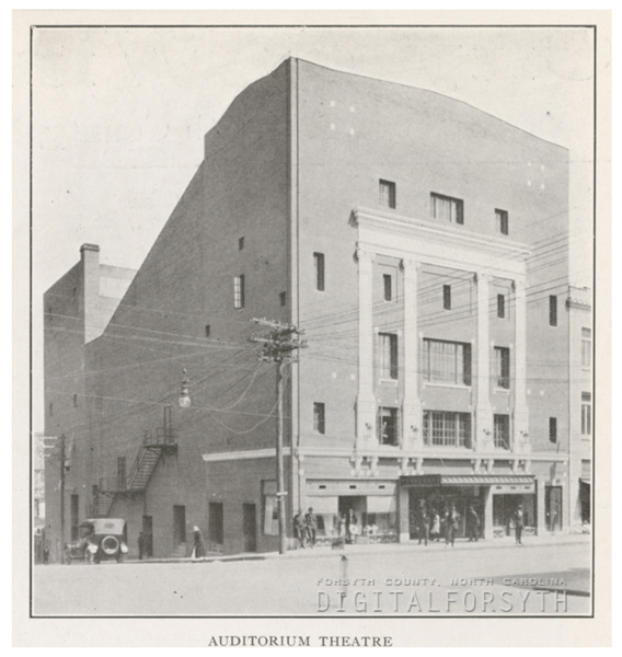Photo of the Auditorium Theatre, Winston-Salem, NC, circa 1918, Courtesy of the Forsyth County Public Library Photograph Collection.