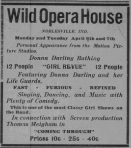 Ad for the Wild Opera House from the Sheridan News, Noblesville, Ind. dated 3 April 1925.